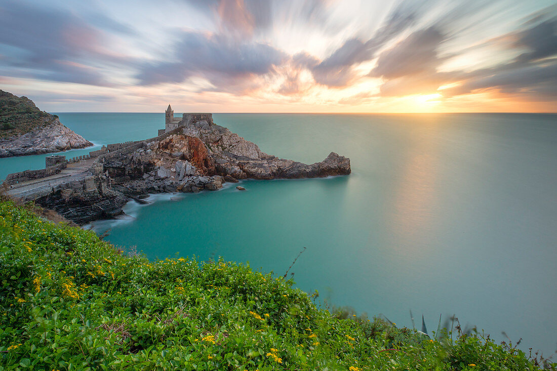 long exposure to capture the sunset a Portovenere, World Heritage Site, La Spezia province, Liguria district, Italy, Europe.