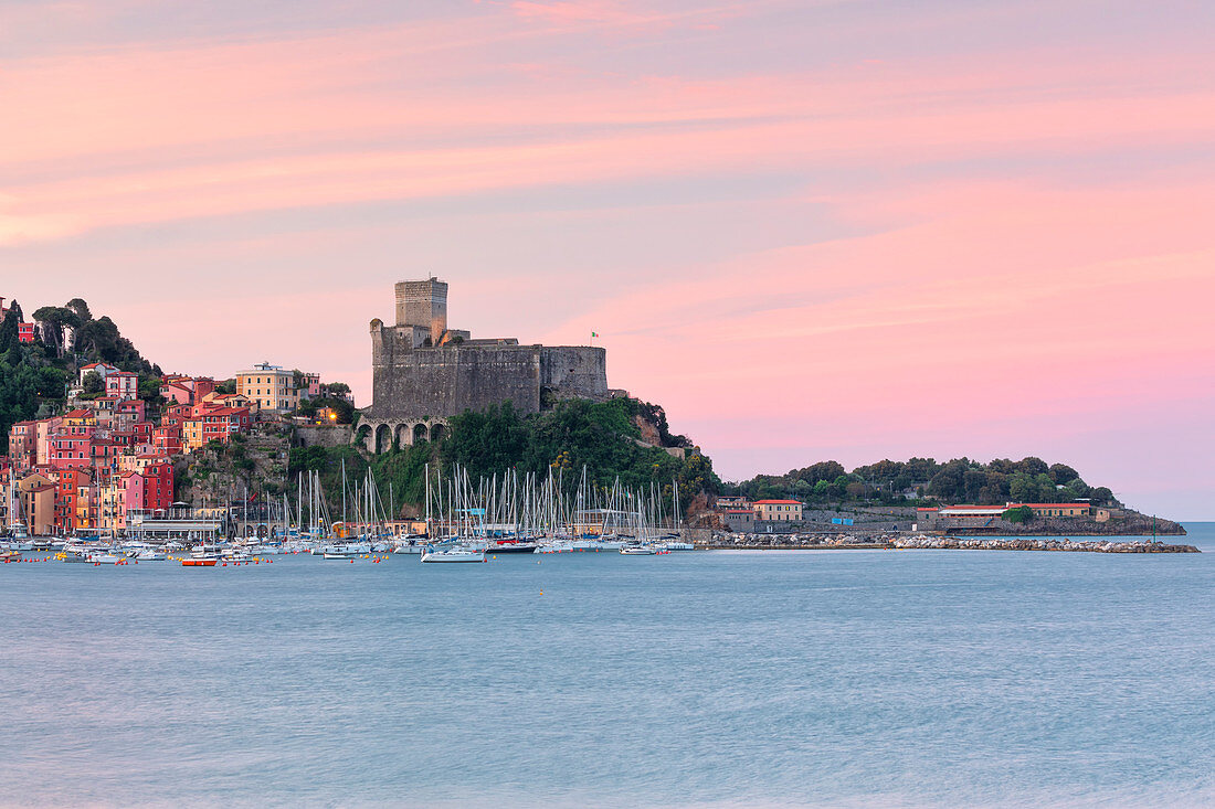 a long exposure to capture a cloudy sunrise at Lerici castle, municipality of Lerici, La Spezia province, Liguria district, Italy, Europe