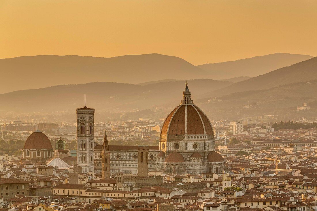 Italy, Tuscany, Florence, historical center listed as World Heritage by UNESCO, view of the cathedral Santa Maria del Fiore from the Basilica di San Miniato al Monte