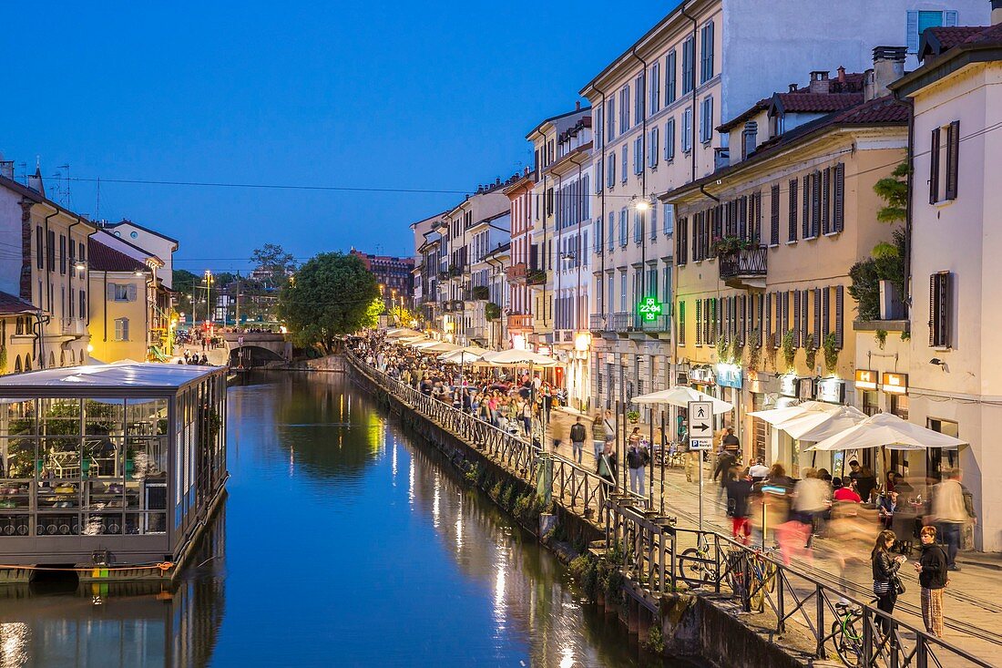 Italy, Lombardy, Milan, Navigli, Naviglio Grande canal and path alzaia Naviglio Pavese