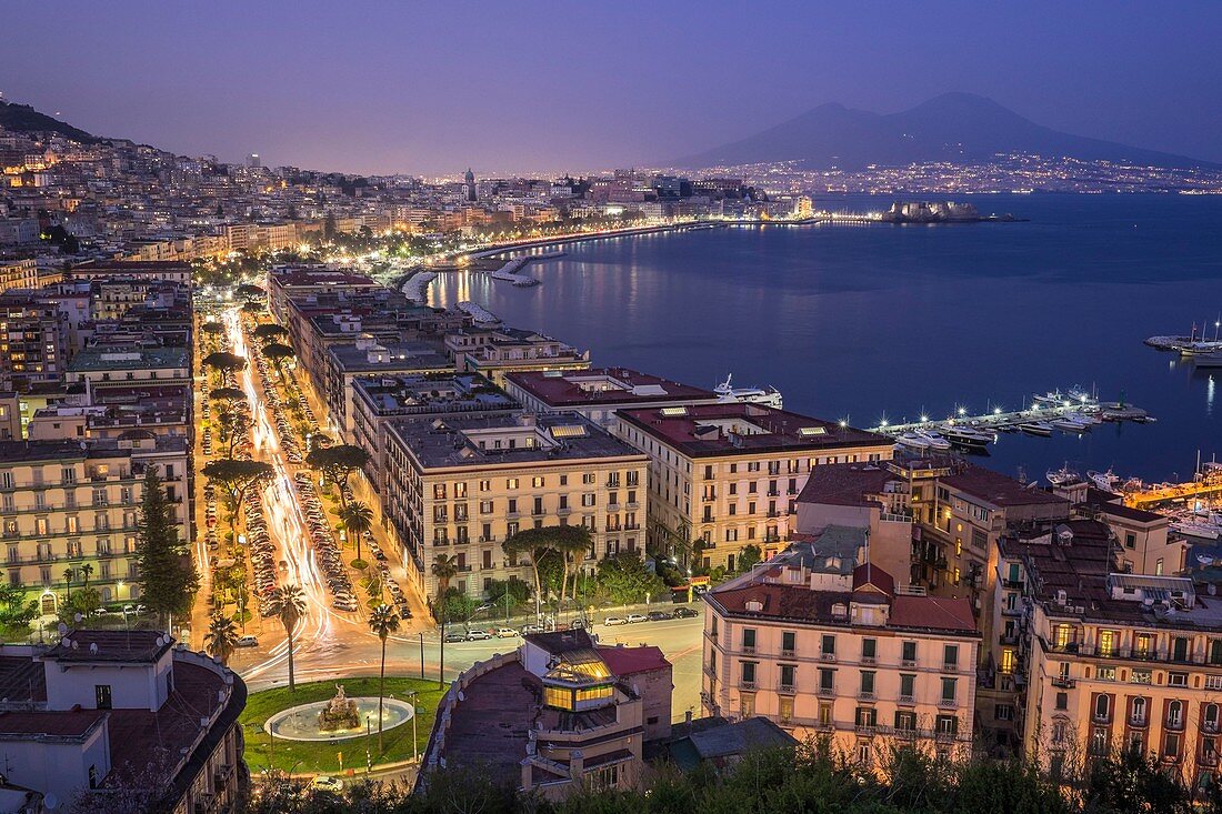 Italy, Campania region, Naples, the Gulf of Naples with Mount Vesuvius on the horizon, panoramic view from Posillipo hill