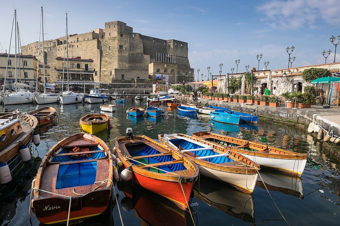Italy, Campania region, Naples, Historic Centre listed by UNESCO as a World Heritage Site, Chiaia district, Borgo Marinaro, Santa Lucia small port at the foot of Castel dell'Ovo