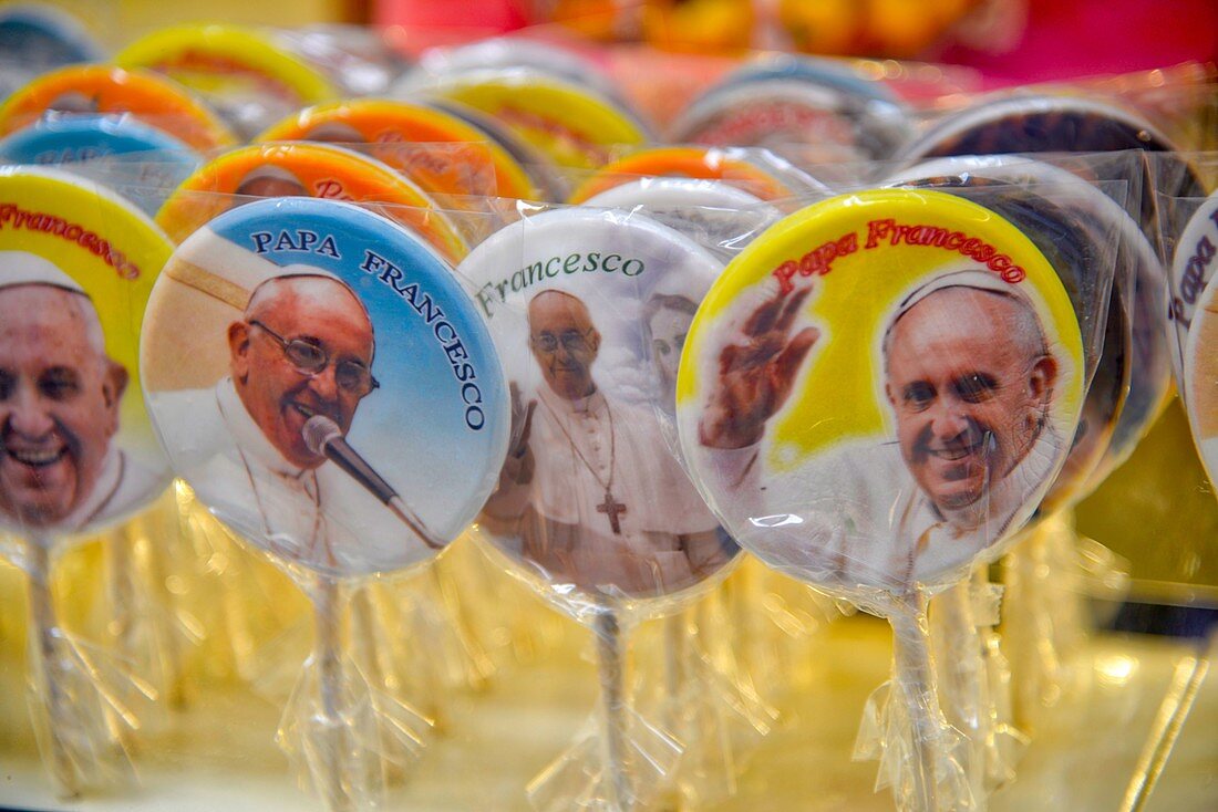 Italy, Lazio, Rome, historical centre listed as World Heritage by UNESCO, district of Campo di Fiori, lollipops with the photo of Pope François