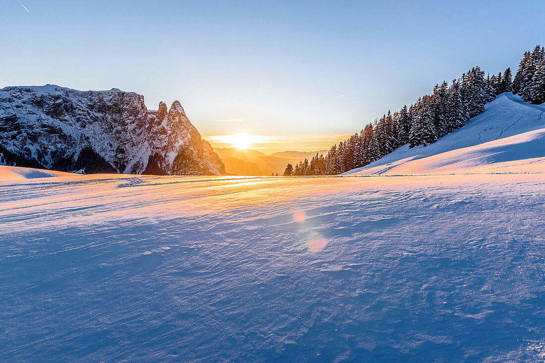 Sunset in the Seiser Alm ski area, South Tyrol, Italy