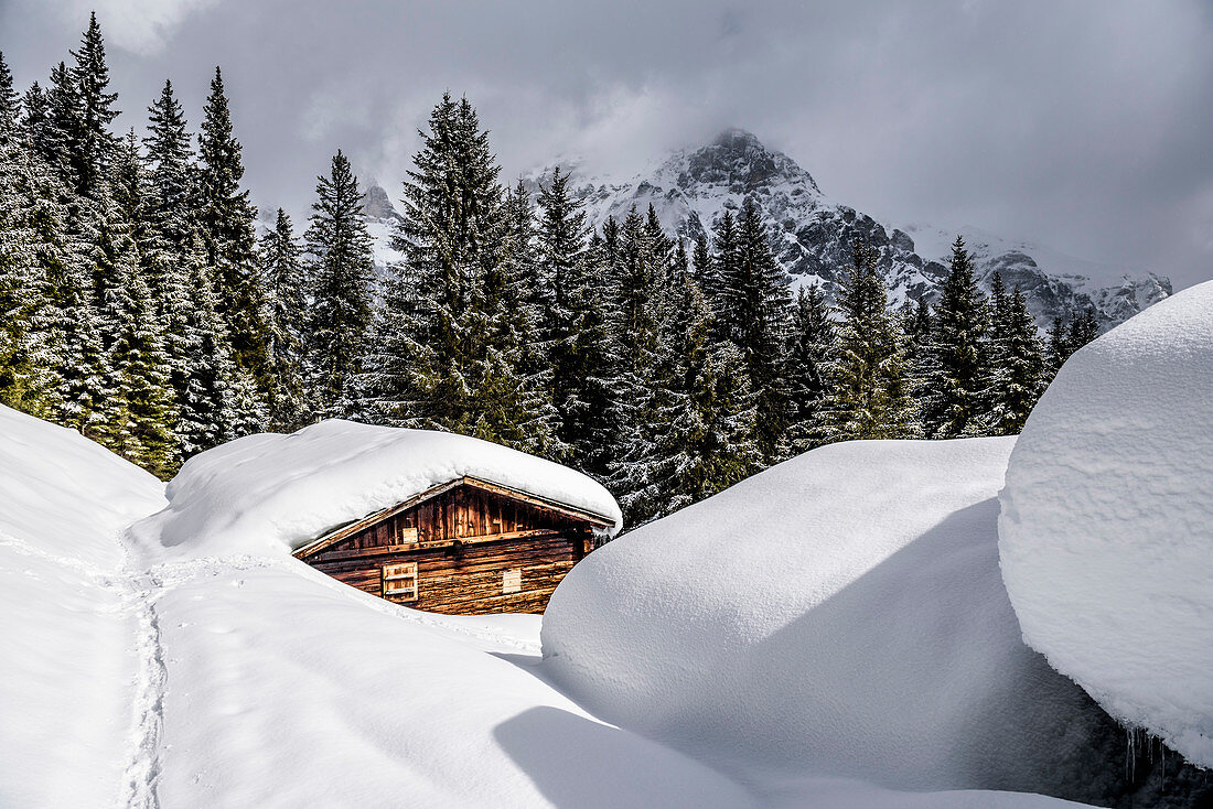 Hütte beim Skitour gehen im Pflerschtal, Südtirol, Italien