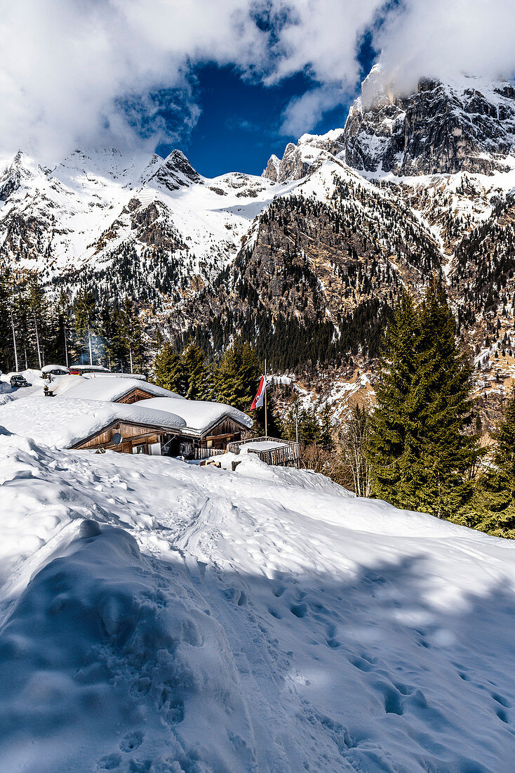 Hut on a ski tour in the Pflersch valley, South Tyrol, Italy