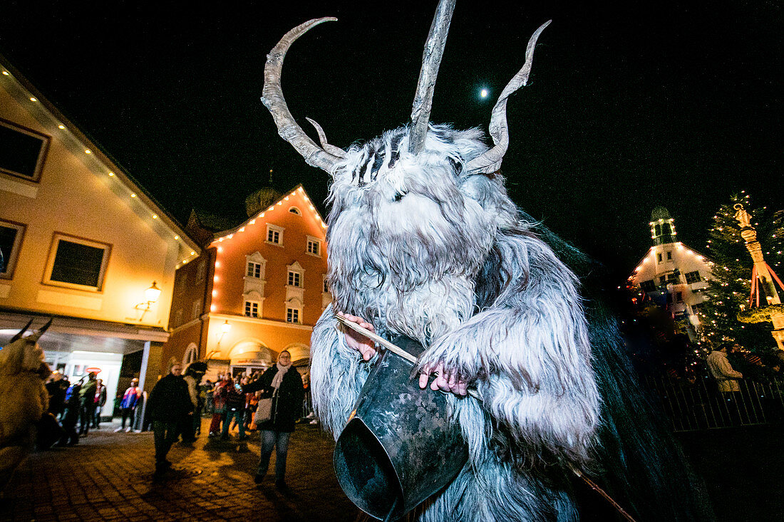 A Krampus runs through the old town, Klausentieben, Immenstadt im Allgäu, Oberallgäu, Bavaria, Germany, Europe