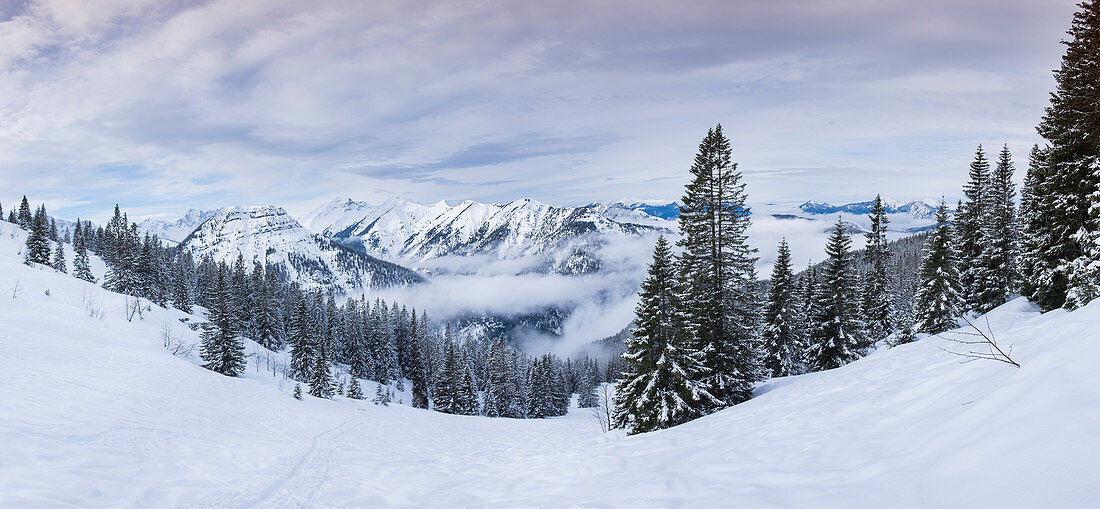 Winterpanorama am Schafreiter im Karwendelgebirge, Tirol, Österreich