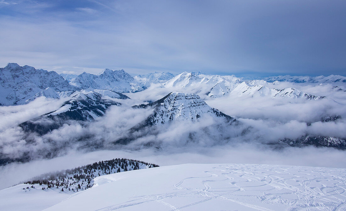 Winter landscape in the Karwendel at the Schafreiter near the origin of the Isar