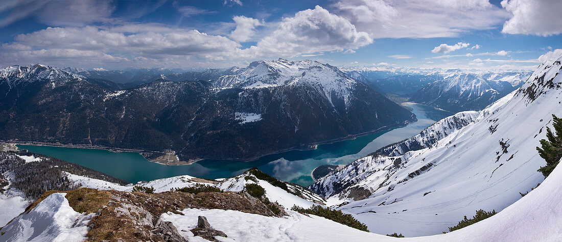 Panorama of the Achensee from the Seekarspitze summit in spring