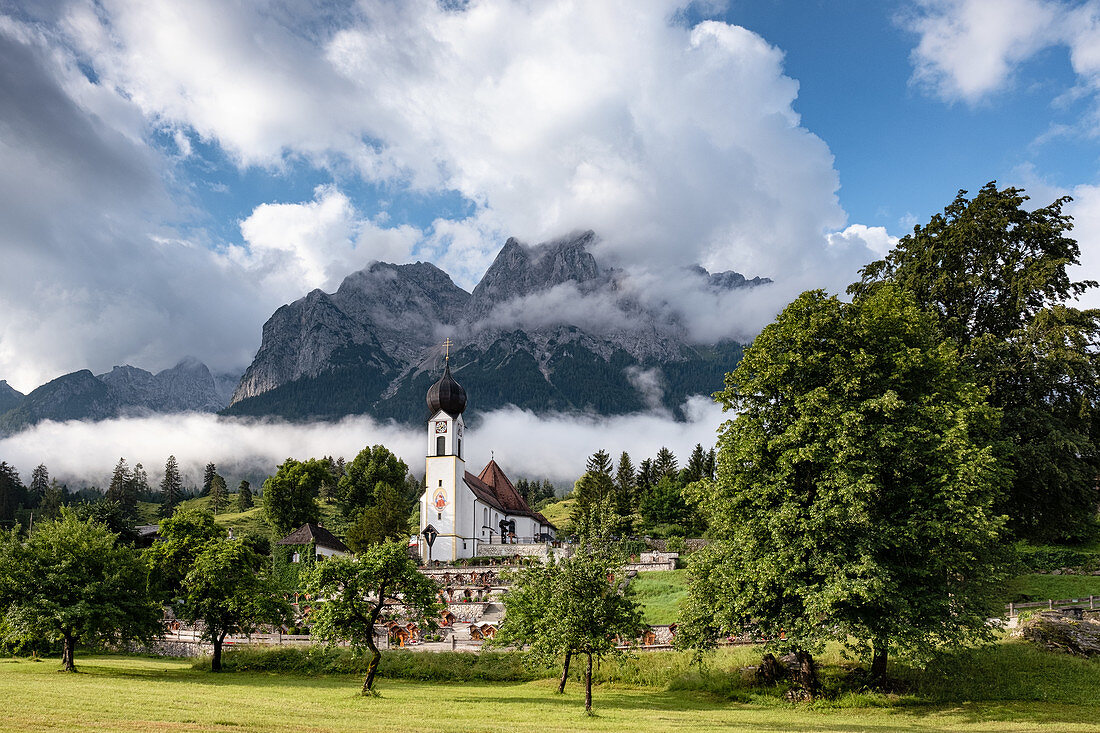 View of St. John the Baptist Church in Grainau, in the background the Waxenstein, Grainau, Bavaria, Germany, Europe