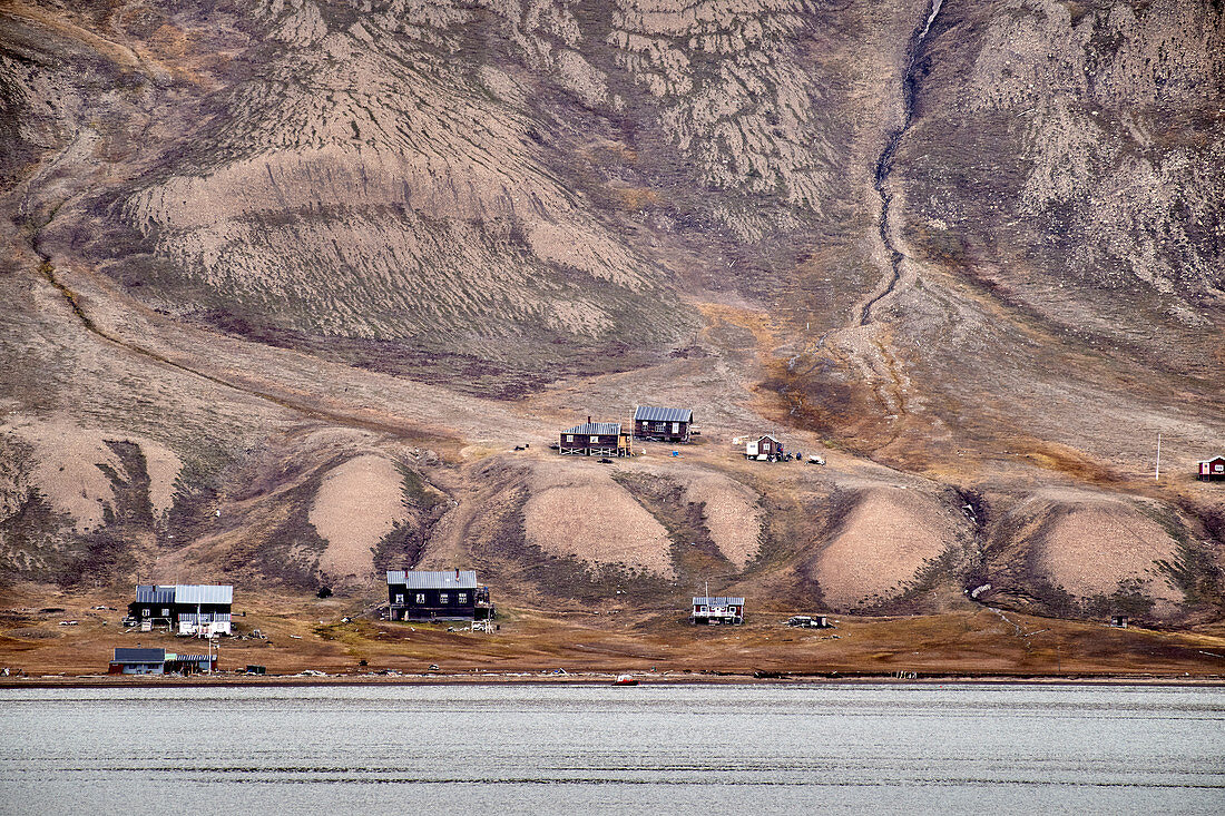 View of the Russian polar station Barentsburg on the Isfjord, Svalbard, North Sea