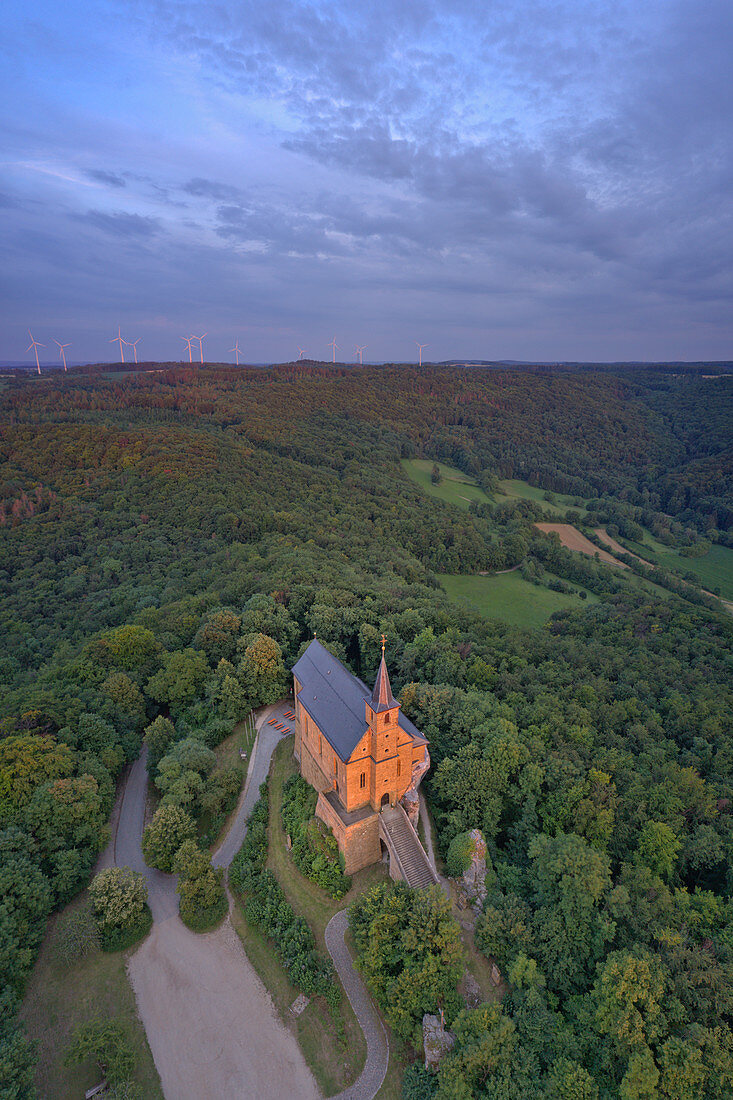 View of the Gügel church near Scheßlitz at dusk, Franconian Switzerland, Bamberg, Upper Franconia, Franconia, Bavaria, Germany