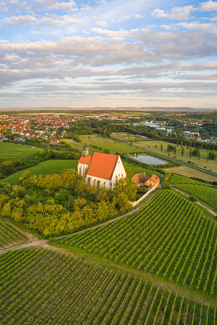 Aerial view of Maria im Weingarten near Volkach, Kitzingen, Lower Franconia, Franconia, Bavaria, Germany, Europe