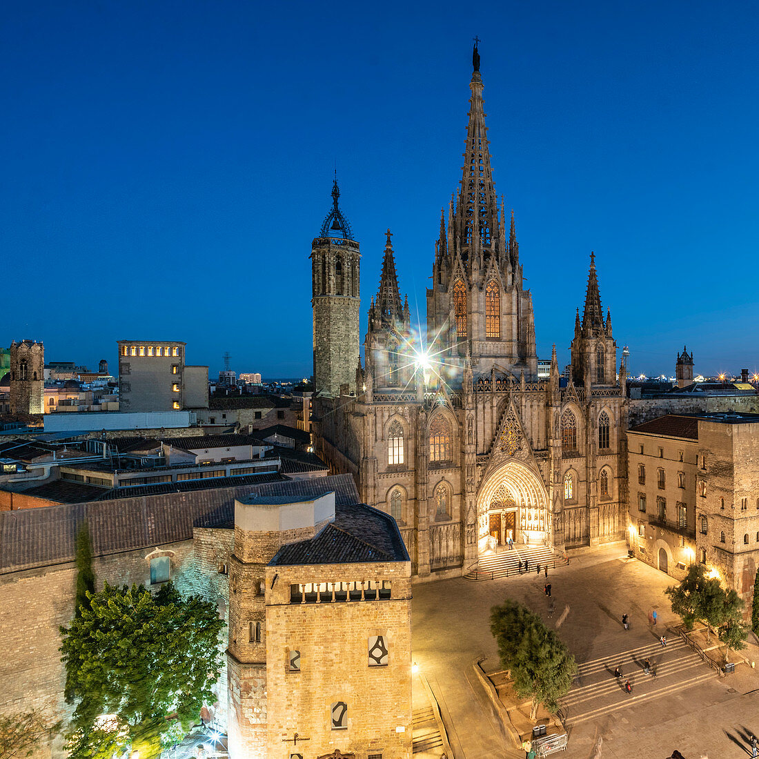 View of Barcelona Cathedral from the roof terrace of the Hotel Colon in the Gothic Quarter of Barcelona, Spain
