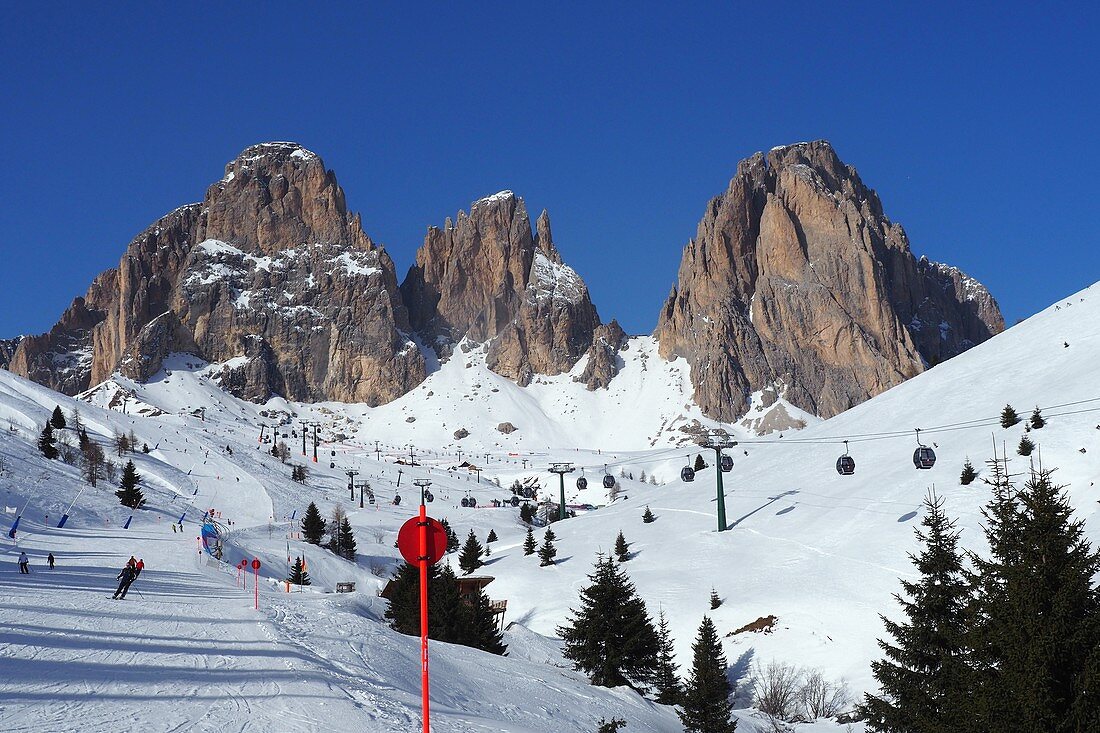 Ski under the Langkofel over Campitello, skier, ski slope, rocks, Dolomites, Trentino in winter, Italy