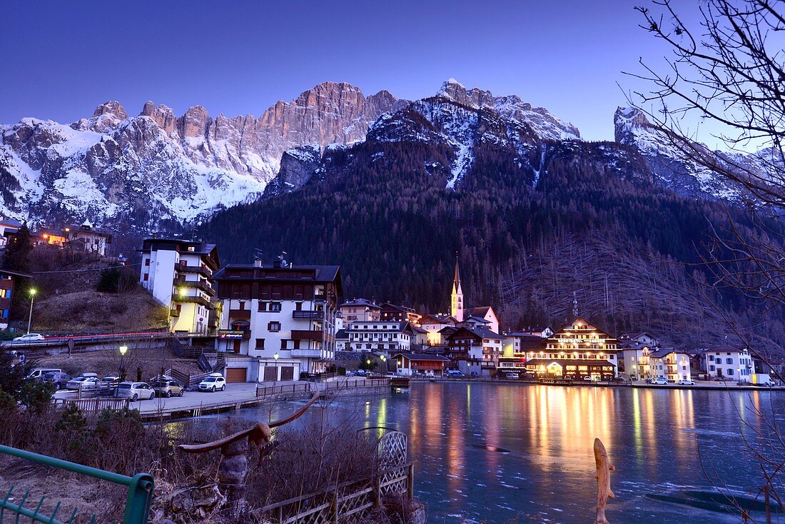 Alleghe with Monte Civetta, winter, lake, mirroring, church, hotels, evening, Belluno Dolomites, Veneto, Italy