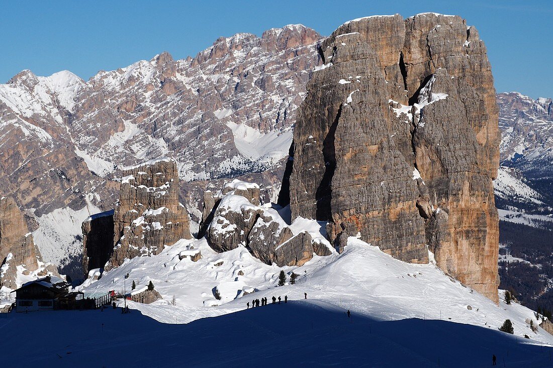 in the ski area above Cortina d'Ampezzo, on the Cinque Torri, Dolomites, snow, rocks, skiers, group, winter in Veneto, Italy