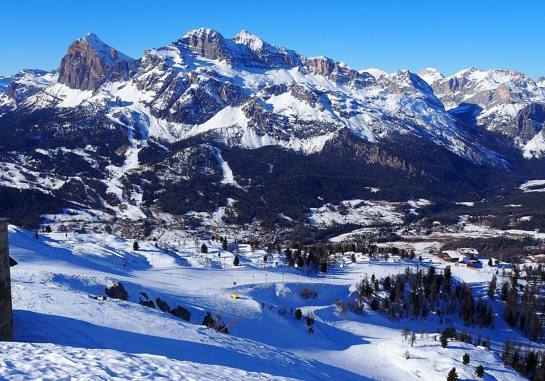 in the skiing area under the Cristallo above Cortina d´Ampezzo with Tofana, snow, landscape, Dolomites, winter in Veneto, Italy
