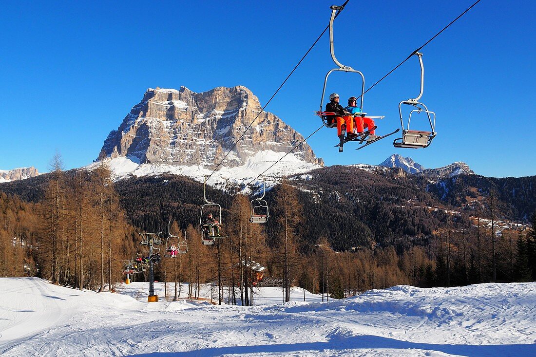 At Monte Pelmo in the skiing area Civetta above Alleghe, snow, ski slope, ski lift, hut, Dolomiti Superski, Dolomites Veneto, Italy