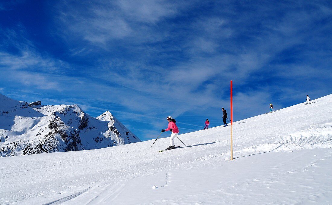 In Obertauern, ski area, pass, snow, sun, ski slopes, skiers, winter in Salzburg, Austria