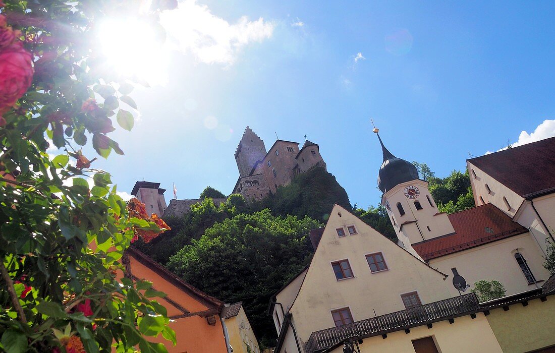 in Arnsberg, sun, castle, houses, village, summer, Altmuehltal, North Upper Bavaria, Bavaria, Germany