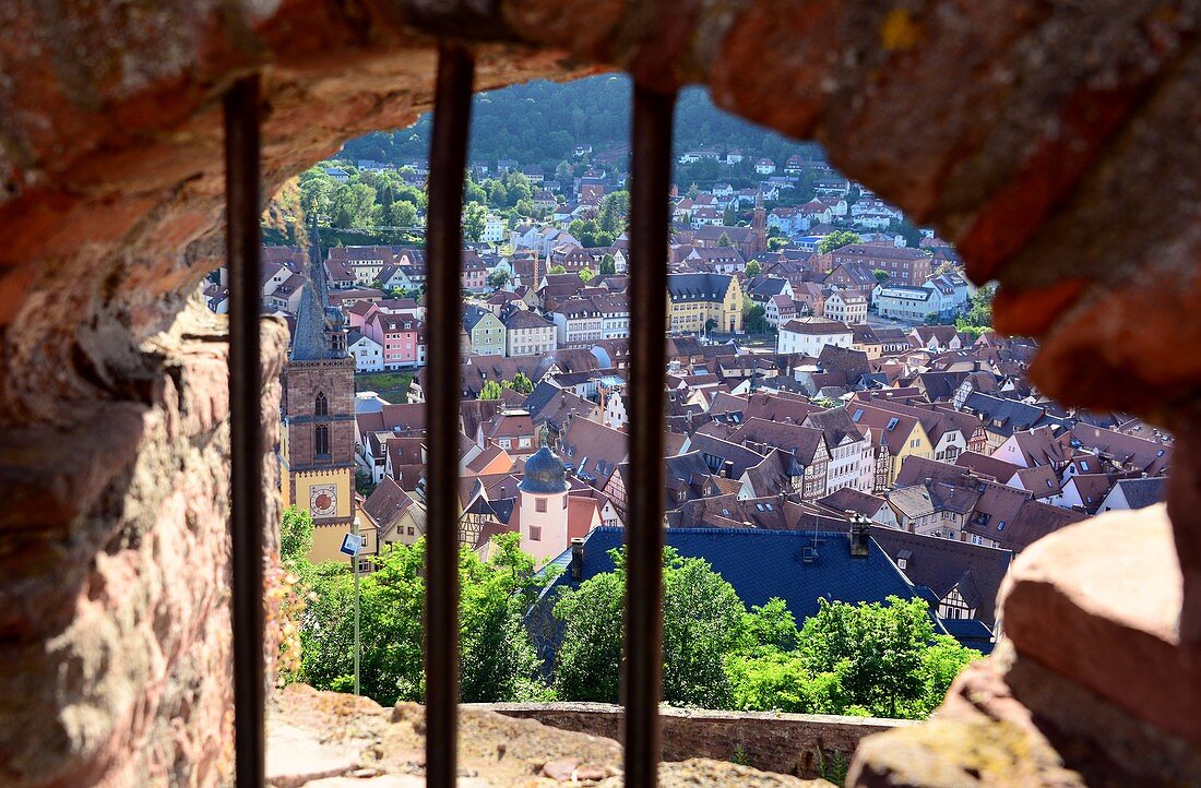 at the castle of Wertheim am Main, city view, castle wall, lattice, Taubertal, Württemberg, Germany