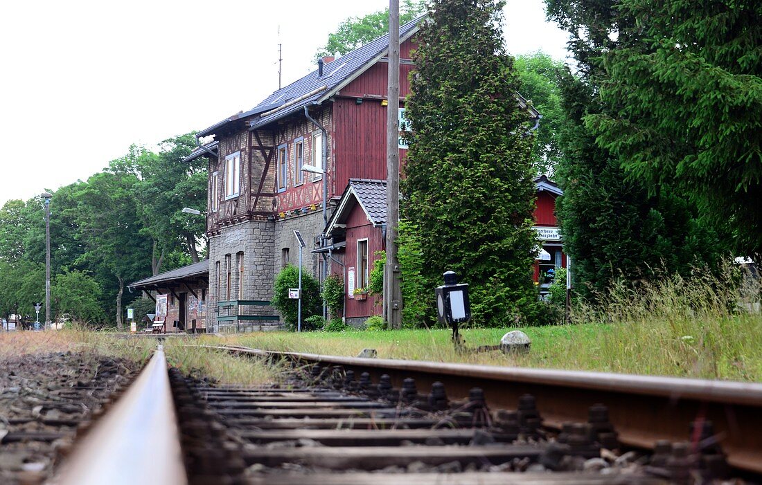 Railway station in Harzgerode, tracks, East Harz, Saxony-Anhalt, Germany