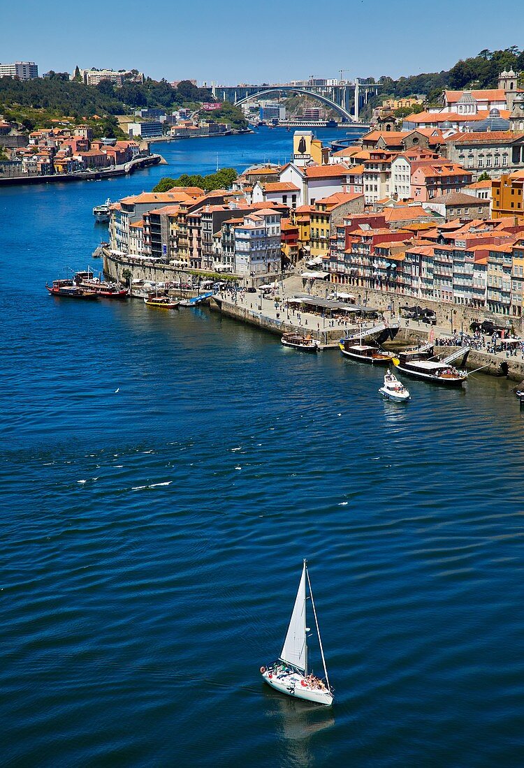 Cais da Ribeira, Fluss Douro, Blick von der Brücke Ponte Dom Luis I, Porto, Portugal