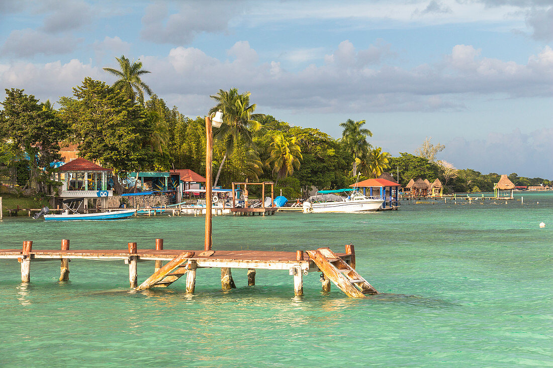 View of shore of the lagoon of 7 colors in Bacalar, Quintana Roo, Yucatan Peninsula, Mexico