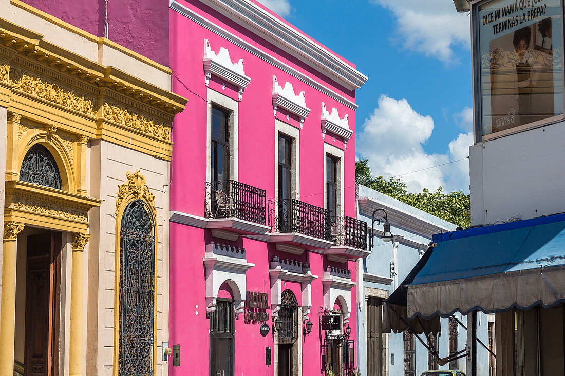 Restored colorful colonial style facades in Merida, Yucatan, Mexico