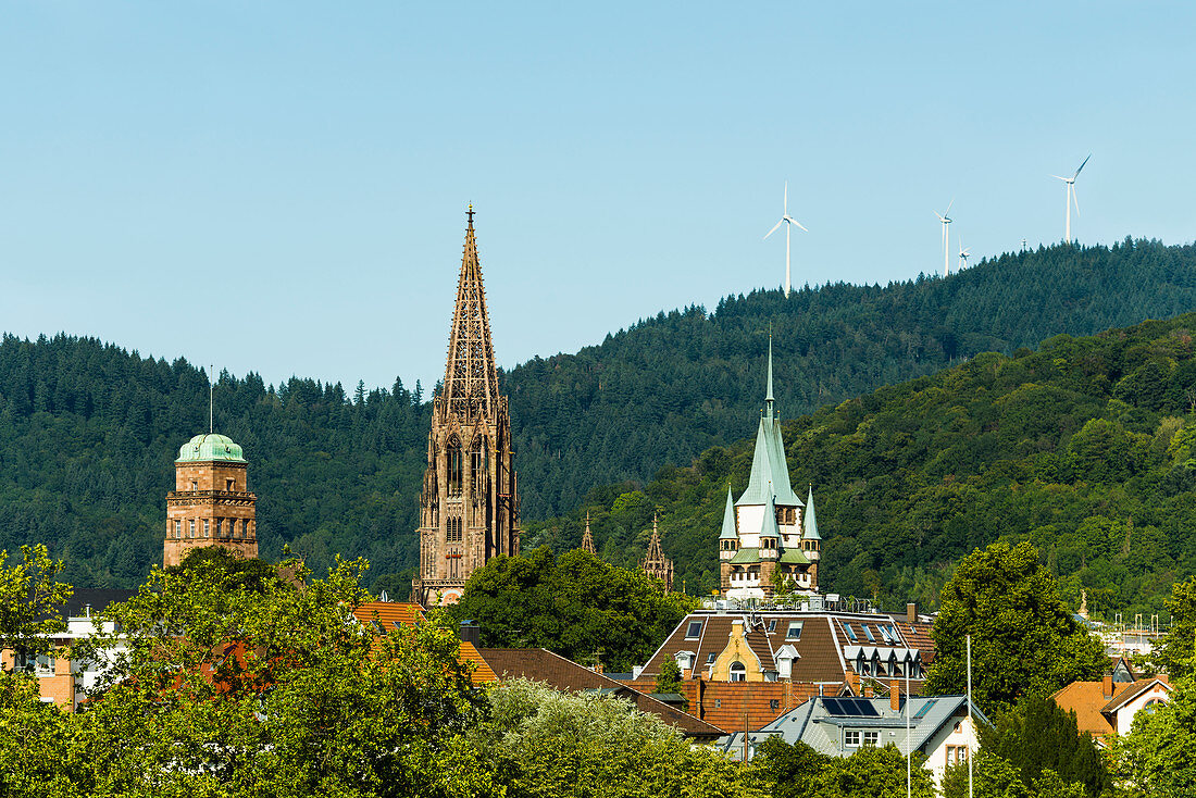 City view with Freiburg Minster and wind turbines, Freiburg im Breisgau, Black Forest, Baden-Württemberg, Germany