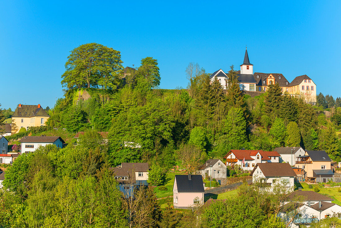 View of Daun with castle, Eifel, Rhineland-Palatinate, Germany