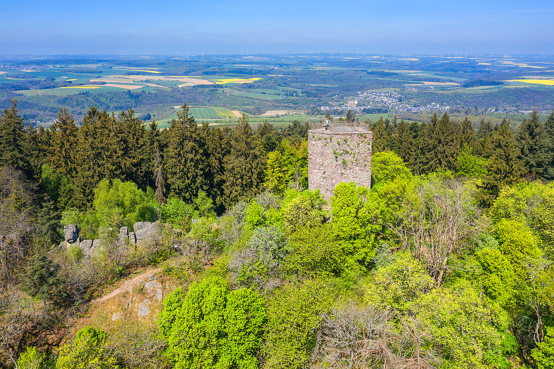 Aerial view of the Koppenstein ruins near Gemünden, Hunsrück, Rhineland-Palatinate, Germany