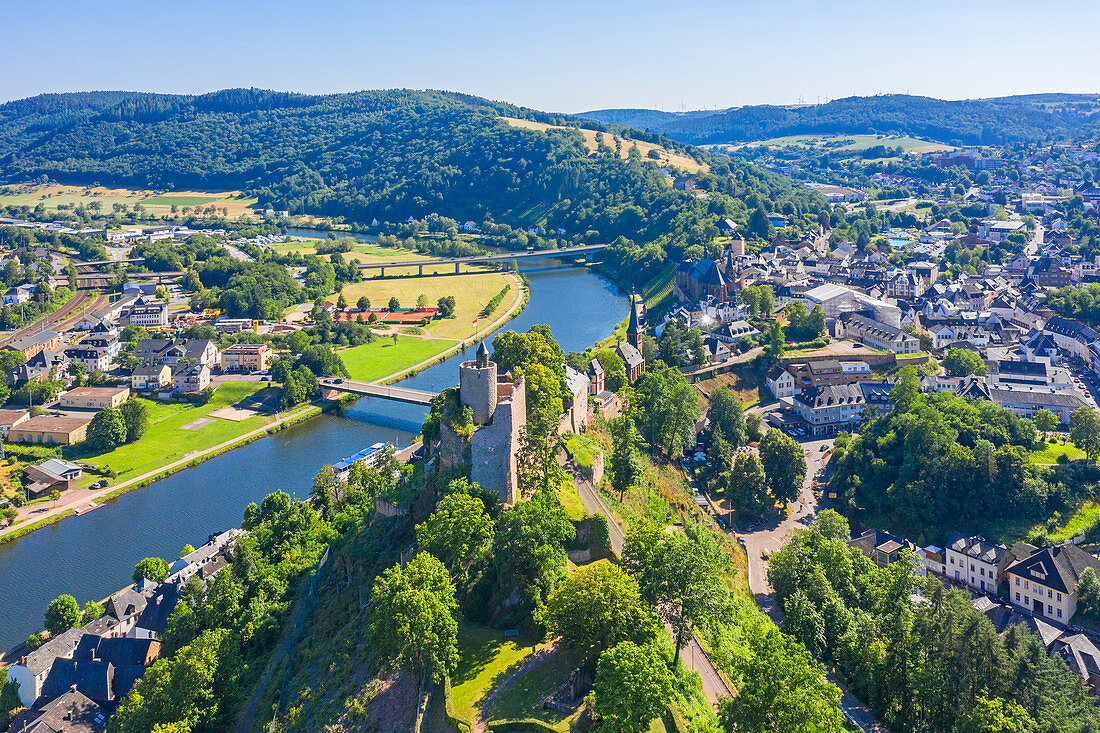 Aerial view of Saarburg with Saar and castle, Hunsrück, Rhineland-Palatinate, Germany