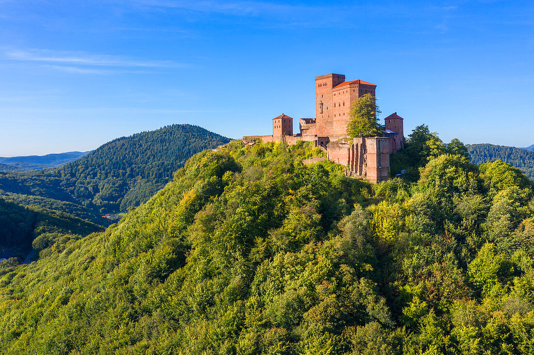 Aerial view of Trifels Castle near Annweiler, Wasgau, Palatinate Forest, Rhineland-Palatinate, Germany