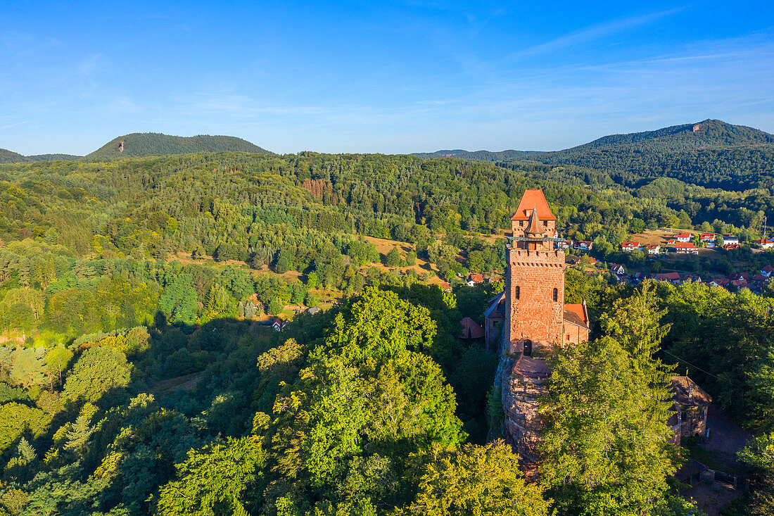 Aerial view of Berwartstein Castle near Erlenbach, Dahn, Wasgau, Palatinate Forest, Rhineland-Palatinate, Germany