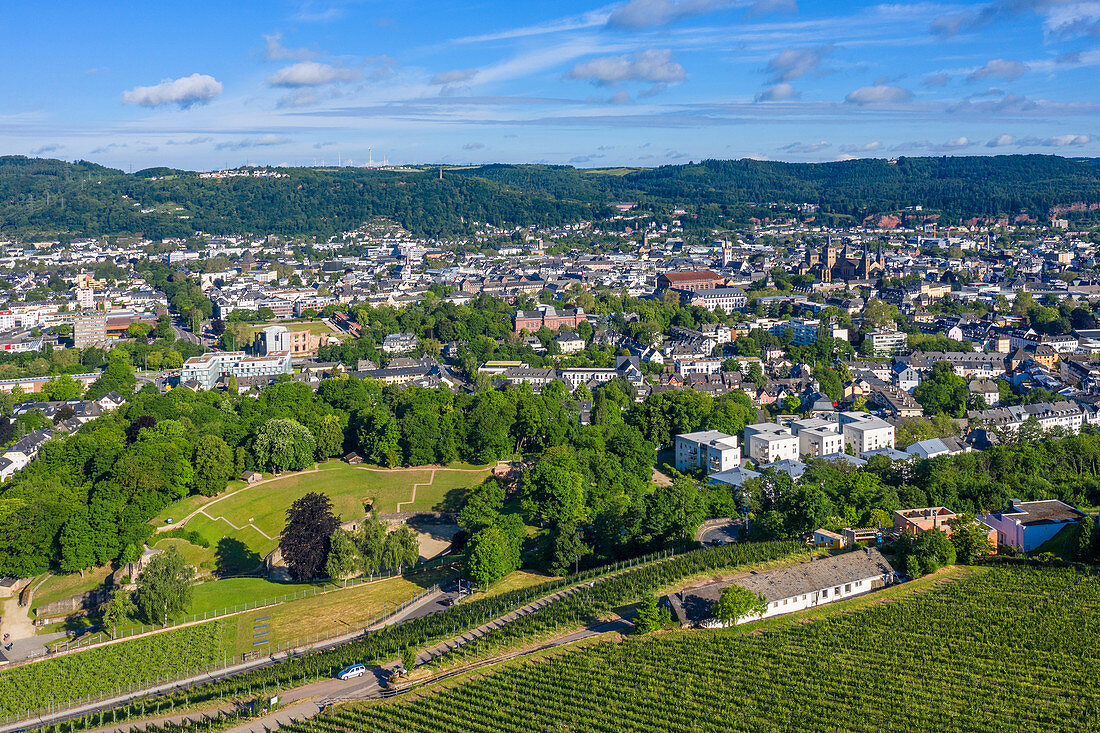 Aerial view of Trier with amphitheater, Moselle, Rhineland-Palatinate, Germany