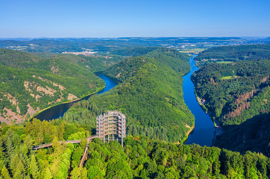 Aerial view of the Saar loop at Orscholz with the treetop path, Saarland, Germany