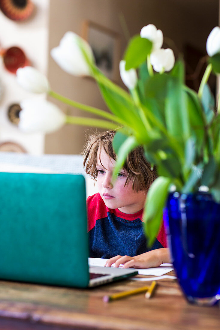 6 year old boy using laptop for remote schooling at home