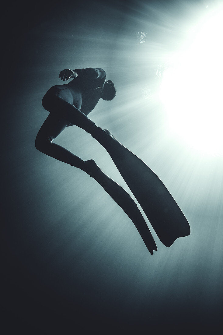 Low angle underwater view of diver wearing wet suit and flippers, sunlight filtering through from above.