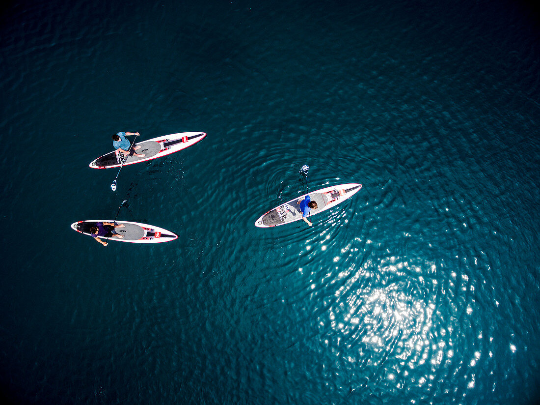 Aerial shot of a group of people on paddleboards.