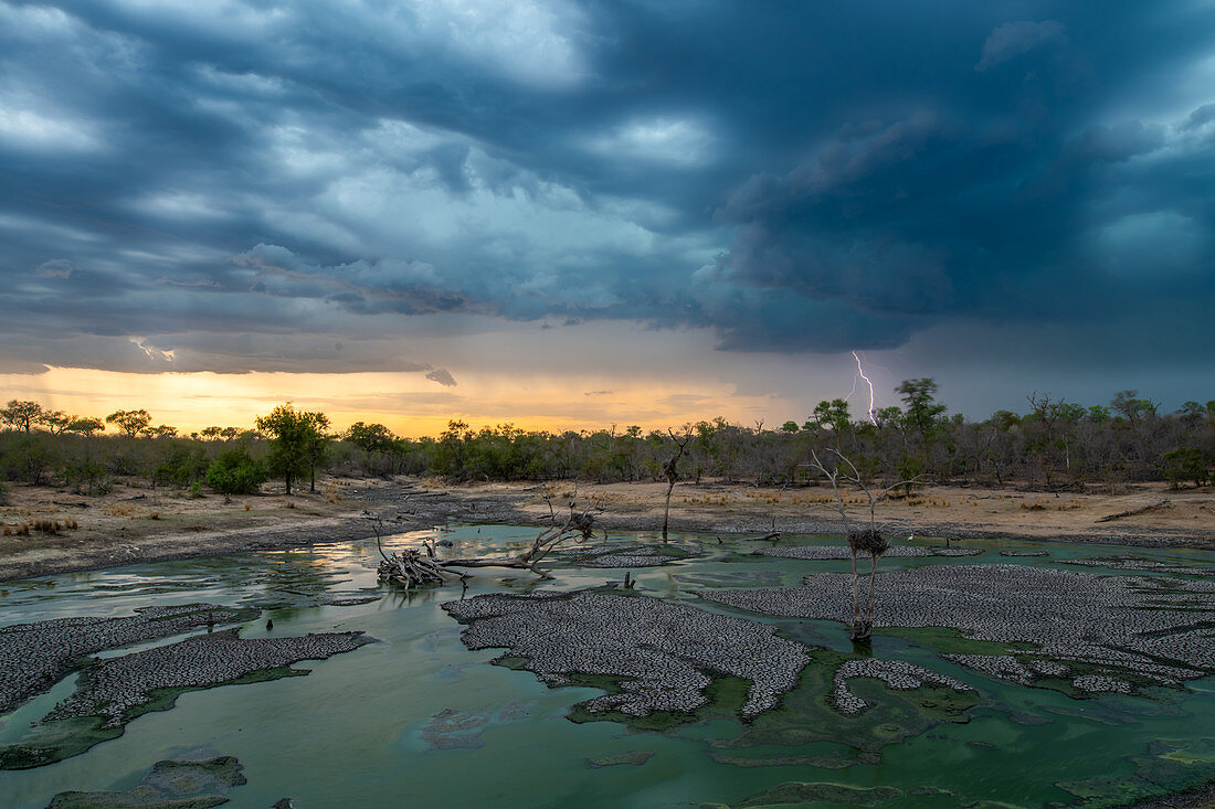 Eine Landschaft mit einem Wasserloch im Vordergrund und einem Sonnenuntergang mit dunklen Wolken, Regen und Blitz im Hintergrund