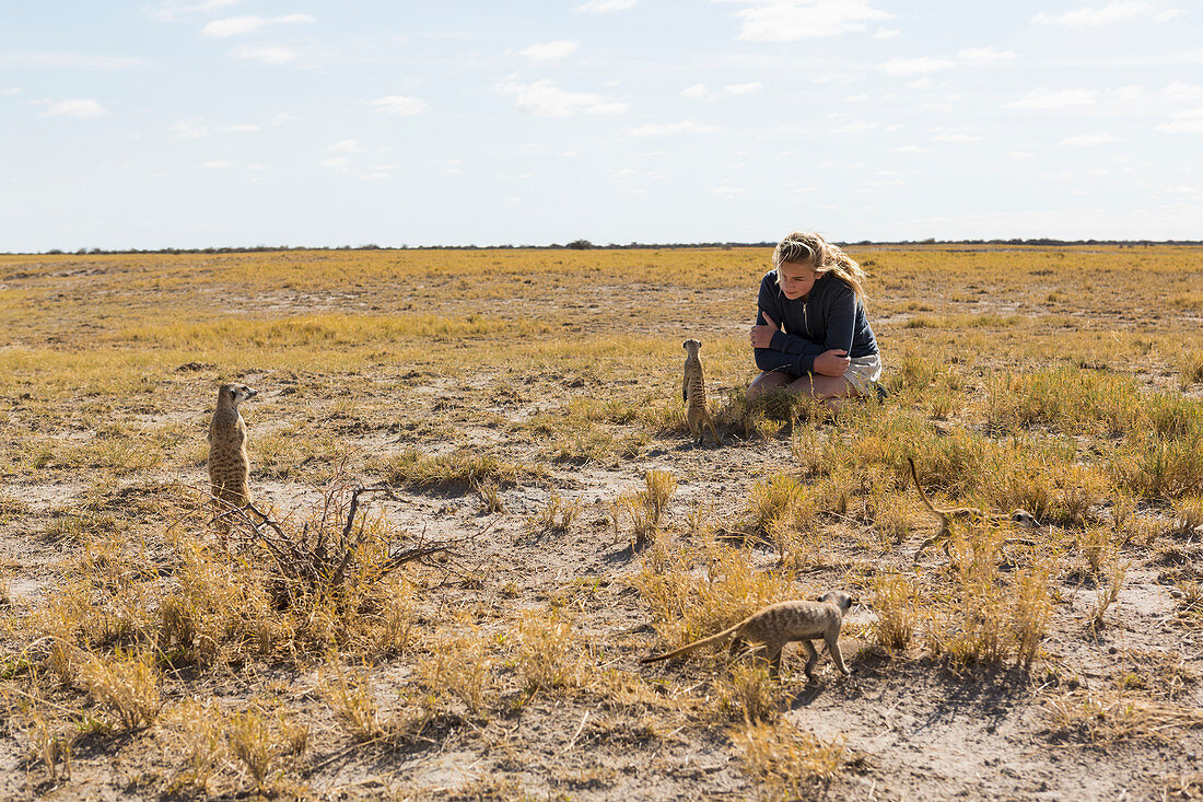 Zwölfjähriges Mädchen betrachtet Erdmännchen, Kalahari Wüste