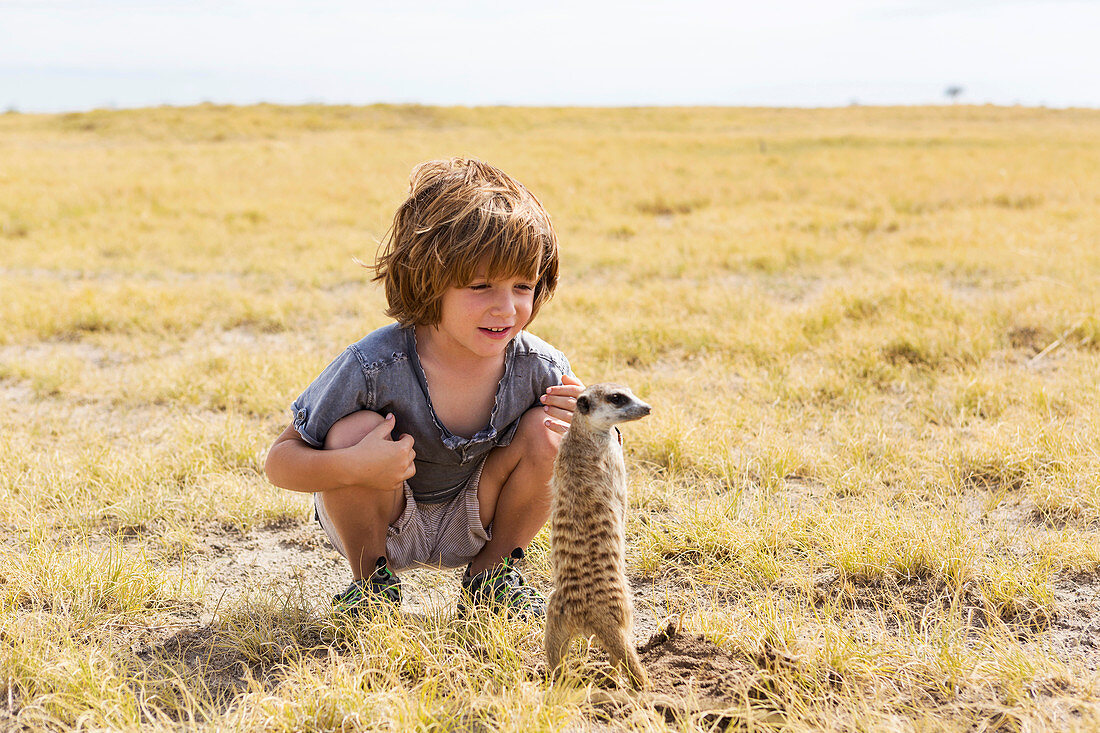 Fünfjähriger Junge betrachtet Erdmännchen, Kalahari-Wüste, Makgadikgadi-Salzpfannen, Botswana