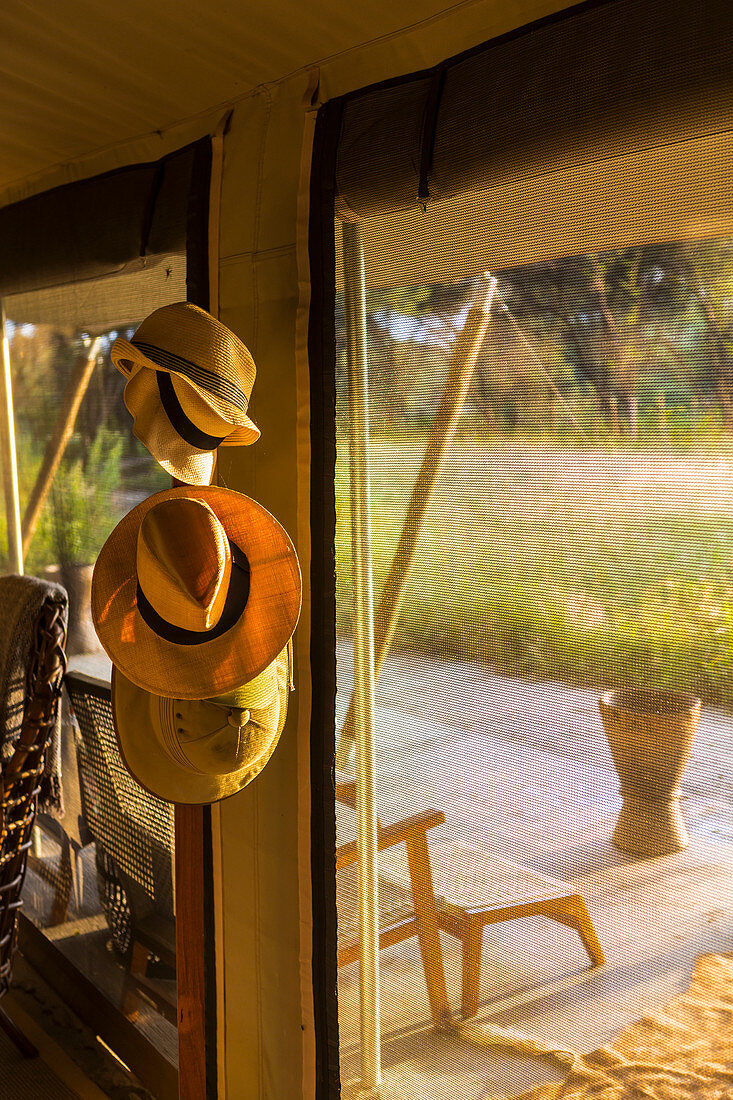 hats hanging on stand,Maun,Botswana