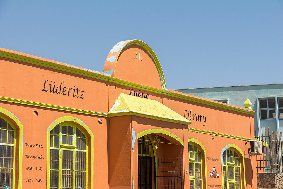 Restored colorful houses from the German colonial era in the center of Lüderitz, Namibia