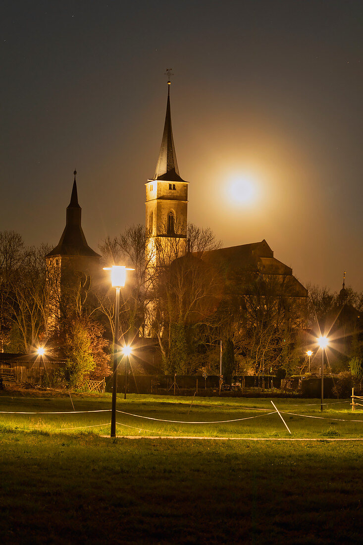 Full moon over Iphofen, Kitzingen, Lower Franconia, Franconia, Bavaria, Germany, Europe