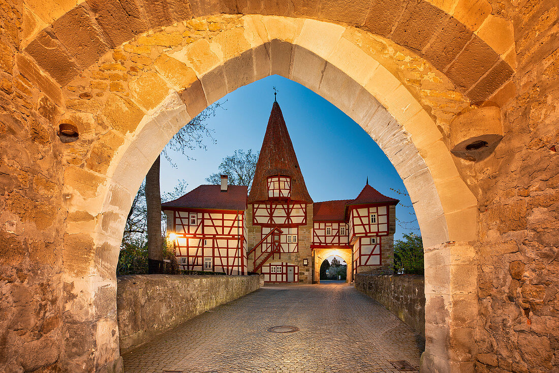 Roedelseer Tor in Iphofen at the blue hour, Kitzingen, Lower Franconia, Franconia, Bavaria, Germany, Europe