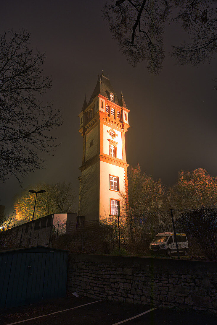 At night at the Deusterturm in Kitzingen, Lower Franconia, Franconia, Bavaria, Germany, Europe